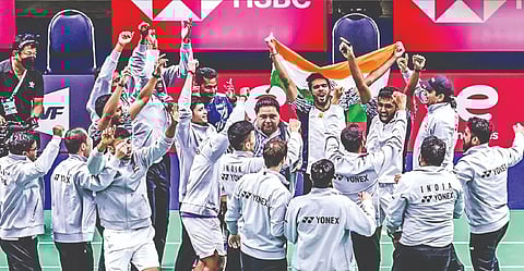 India men?s badminton team celebrates its Thomas Cup win