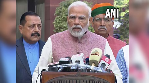 Prime Minister Narendra Modi addressing mediaperson in New Delhi