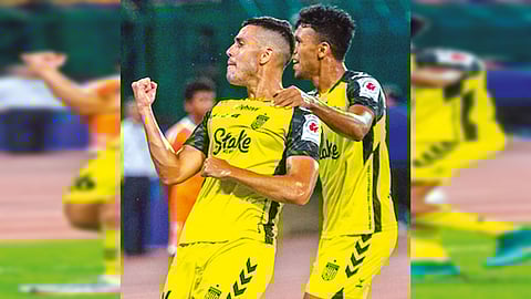 Borja Herrera (left) celebrates after scoring the third Hyderabad FC goal