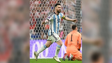 Lionel Messi celebrating after scoring a goal for Argentina against Croatia in semi-final