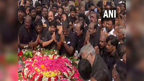 O Panneerselvam paying floral tribute to former chief minister J Jayalalithaa on Monday.