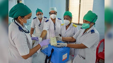 Health workers prepare Covid vaccination mock drill and dry run at Rajawadi Municipal Corporation Hospital in Mumbai