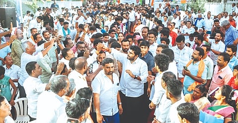 BJP state president K Annamalai interacts with party cadres at a function in Tirupur on Tuesday