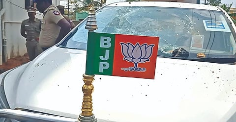 The damaged car of BJP state vice president Sasikala Pushpa in Thoothukudi on Thursday