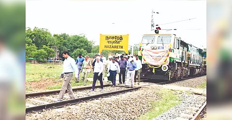 Southern Railway principal chief electrical engineer AK Siddhartha inspecting the newly electrified Tirunelveli -Tiruchendur section with other officials at Nazareth on Monday