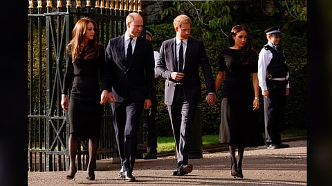 (Left to Right) Prince William and Catherine; Prince Harry and Meghan
