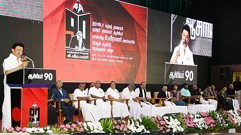 CM Stalin at the 90th birthday celebration of Dravidar Kazhagam president K Veeramani in Chennai.