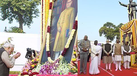 PM Modi pays respect to BR Ambedkar; Modi with Prez Murmu and VP Dhankar