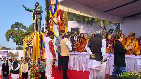 Congress leaders Mallikarjun Kharge, Sonia Gandhi and Adhir Ranjan Chowdhury paying tributes to Ambedkar statue