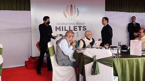 Narendra Modi along with fellow Members of Parliament, enjoyed a lunch hosted by agriculture minister Narendra Tomar to mark Millet Year 2023