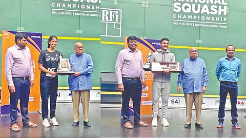 Joshna Chinappa and Abhay Singh receive top prize from SRFI patron N Ramachandran