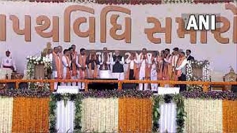 Gujarat Chief Minister Bhupendra Patel along with his state ministerial cabinet during the swearing-in ceremony in Gandhinagar