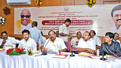 Ministers R Sakkarapani, MRK Panneerselvam and Anbil Mahesh Poyyamozhi at the tripartite meeting with farmers in Thanjavur
