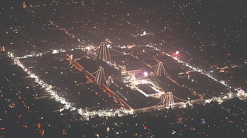 The illuminated Arulmigu Arunachaleshwarar Temple precincts in Tiruvannamalai on Tuesday.
