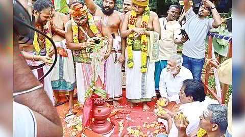 Ministers PK Sekarbabu and P Moorthy at the consecration of Sri Rakkayi Amman Temple in Madurai