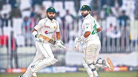 Pakistan?s Imam-ul-Haq (right) and Saud Shakeel in action on fourth day.