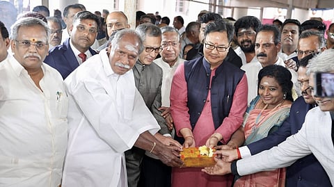 Union Minister of Law and Justice Kiren Rijiju lays the foundation stone for the lawyers? chamber at the Integrated Court Complex in Puducherry.