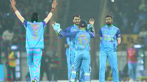 Indian players celebrating the wicket