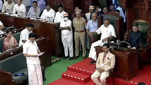 CM Stalin reading out the resolutions at the Tamil Nadu Legislative Assembly 2023.