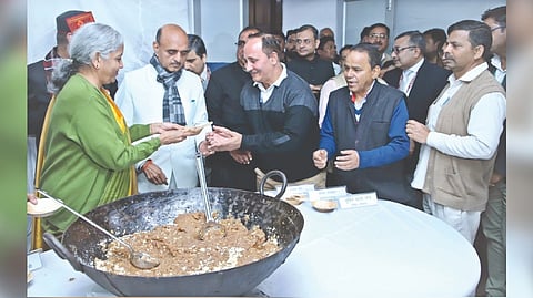 Finance Minister Nirmala Sitharaman and two junior ministers Bhagwat Karad and Pankaj Chaudhary along with senior
officials of the finance ministry.