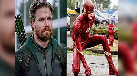 Stephen Amell as Green Arrow and Grant Gistin as Flash