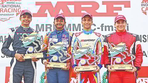 (From left) MRF F2000 race winners over the weekend - Sohil Shah, Sai Sanjay, Mohammed Ryan and Dillon Thomas Zachariah.