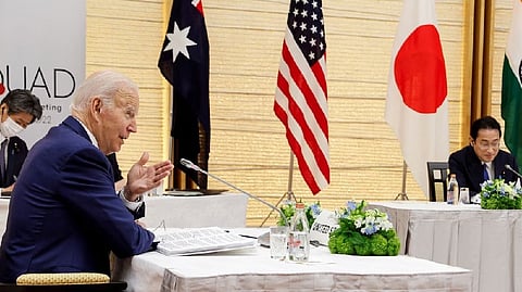 Quad leaders Japan's Prime Minister Fumio Kishida and U.S. President Joe Biden attend a meeting during the Quad Summit at Kantei Palace