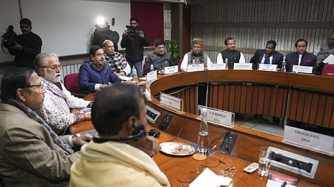 Defence Minister Rajnath Singh with Union Ministers Piyush Goyal, Pralhad Joshi, and other leaders during an all-party meeting in New Delhi.
