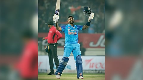 Suryakumar Yadav celebrates after scoring a ton against Sri Lanka in third T20I in Rajkot
