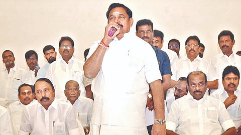 AIADMK leader Edappadi K Palaniswami addressing election committee meeting in Erode on Friday.