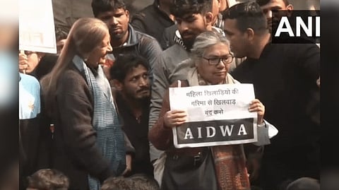 Brinda Karat at Janta Mantar in Delhi, where wrestlers are staging a protest
