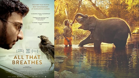 Poster of 'All That Breathes' and still from 'The Elephant Whisperers'