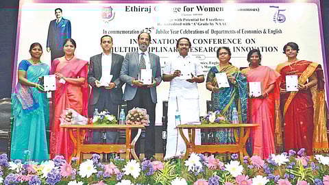 Minister T Mano Thangaraj inaugurating a conference at Ethiraj College.