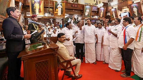 DMK MLAs raising slogans against Tamil Nadu Governor RN Ravi during his address at the first session of the year of Tamil Nadu Assembly