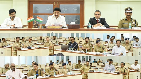 CM Stalin speaking at the consultation meeting with top officials regarding the law-and-order situation in the State.