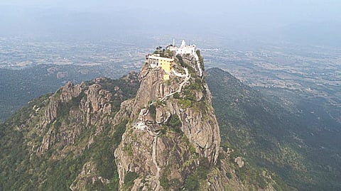 A view of the temple atop Parvathamalai seen through a drone camera