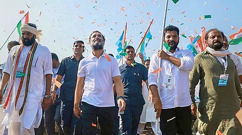 Congress leader Rahul Gandhi with party leader Revanth Reddy during the party's 'Bharat Jodo Yatra'