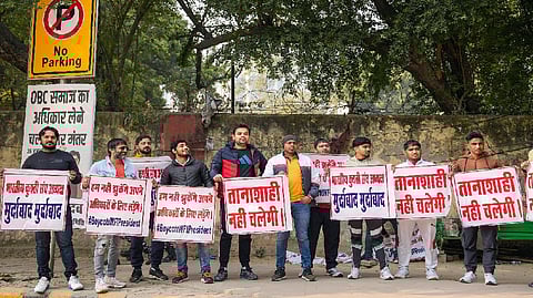 People protest against the Wrestling Federation of India (WFI), at Jantar Mantar in New Delhi