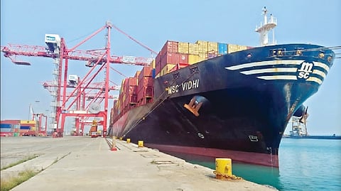 A huge cargo container ship berthed at VOC Port in Thoothukudi