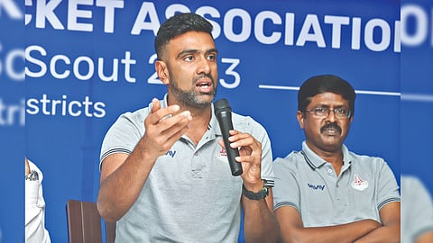 Ravichandran Ashwin addresses the media at the launch event on Wednesday.