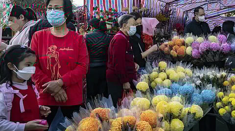 Shoppers look at flower bouquets at a Lunar New Year flower market in the Causeway Bay district in Hong Kong