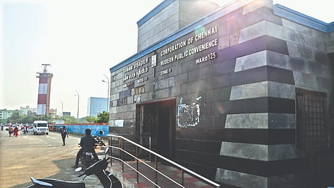 A dilapidated public toilet on Marina Beach