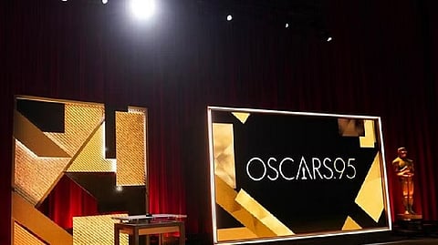 A view of the stage appears before the start of the 95th Academy Awards nomination ceremony on Tuesday, Jan. 24, 2023, at the Academy Museum in Los Angeles