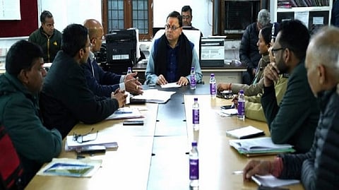 Uttarakhand Chief Minister Pushkar Singh Dhami at a meeting with senior officials.