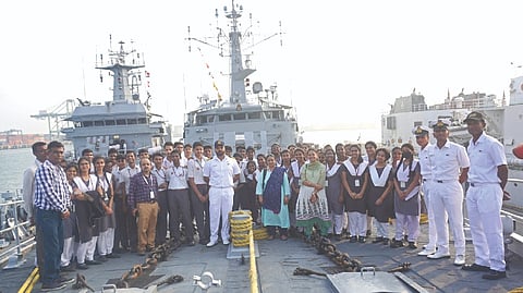 797 students along with 44 teachers from five schools in and around Chennai were taken on a guided tour onboard in naval and Coast Guard ships on Sunday