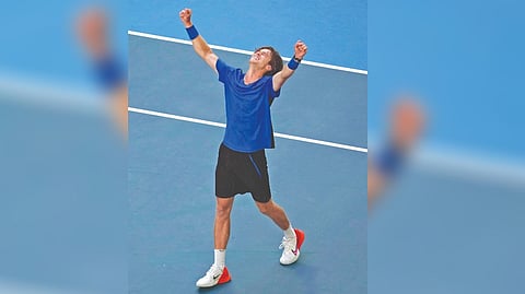 Andrey Rublev celebrates after
defeating Holger Rune.