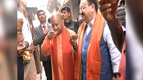 UP CM Yogi Adityanath and BJP national president JP Nadda sipping tea in Varanasi