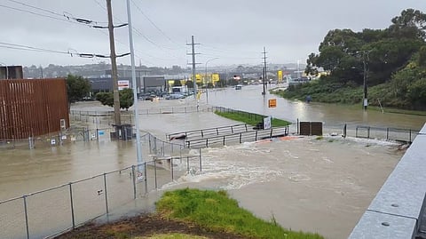 An area flooded during heavy rainfall is seen in Auckland