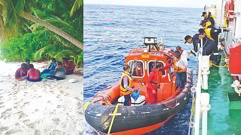 Fishermen being rescued; (left) at
the Salomon Island
