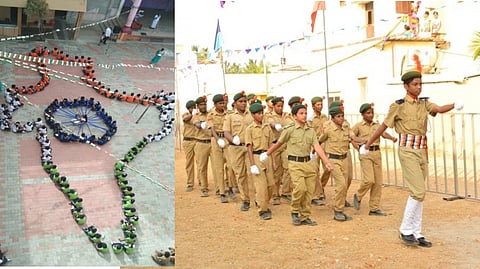 Students of Kalaimagal Matriculation school in Annanur form an India as part of the Republic day rehearsal programme; NCC students rehearse on the eve of Republic day celebrations
